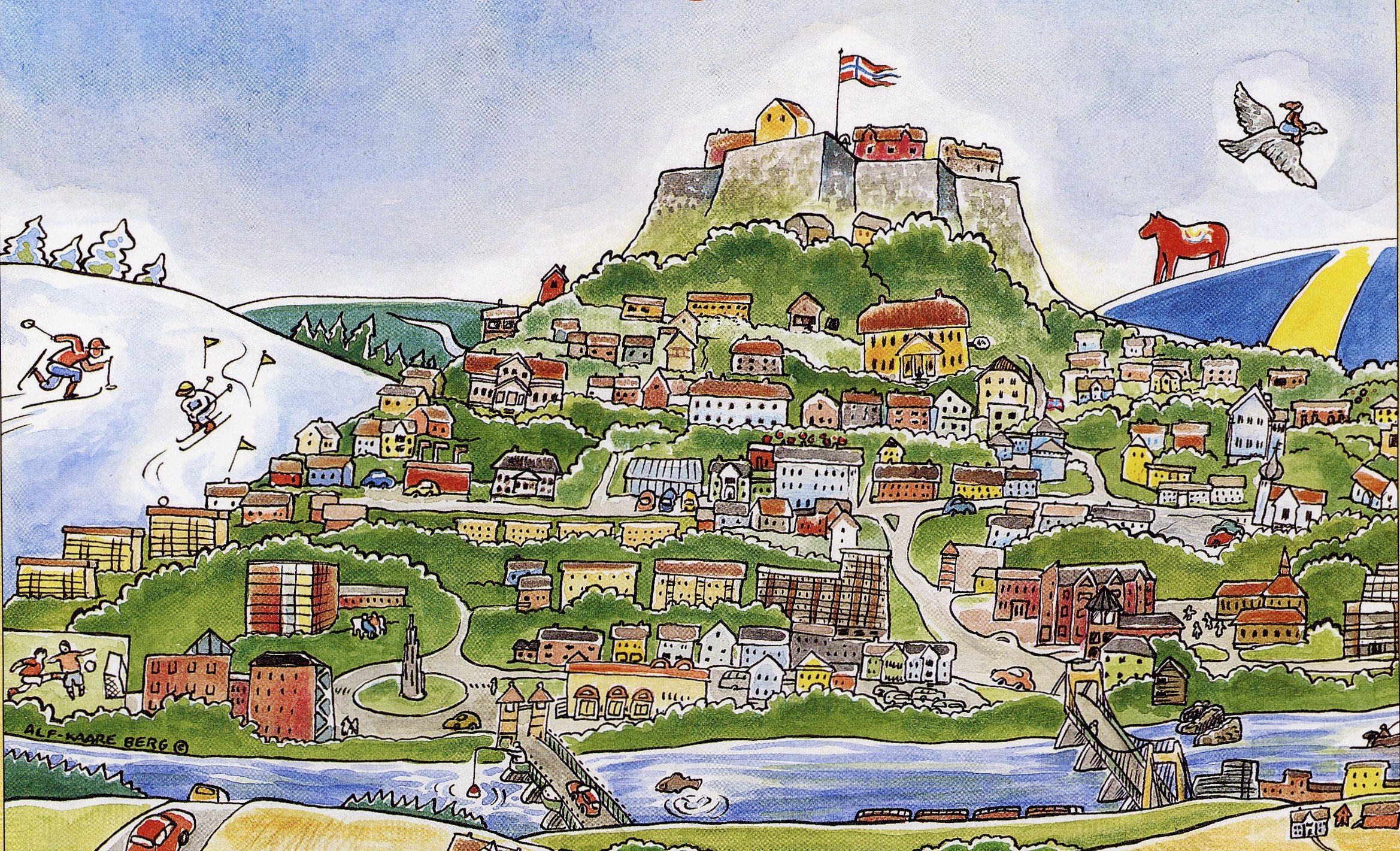 Alf-Kaare Berg sin illustrasjon av sin hjemby.