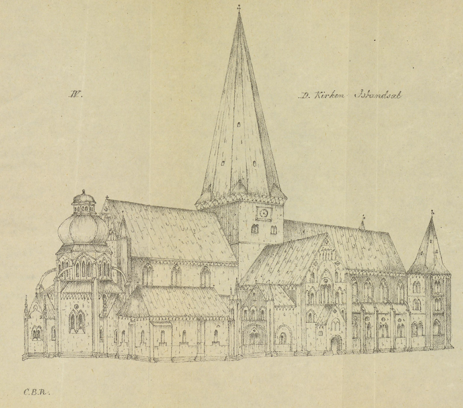 Carl Bonaparte Roosen laget denne tegningen av Nidarosdomen til boken «Om Throndhjems Domkirke» utgitt i 1875.