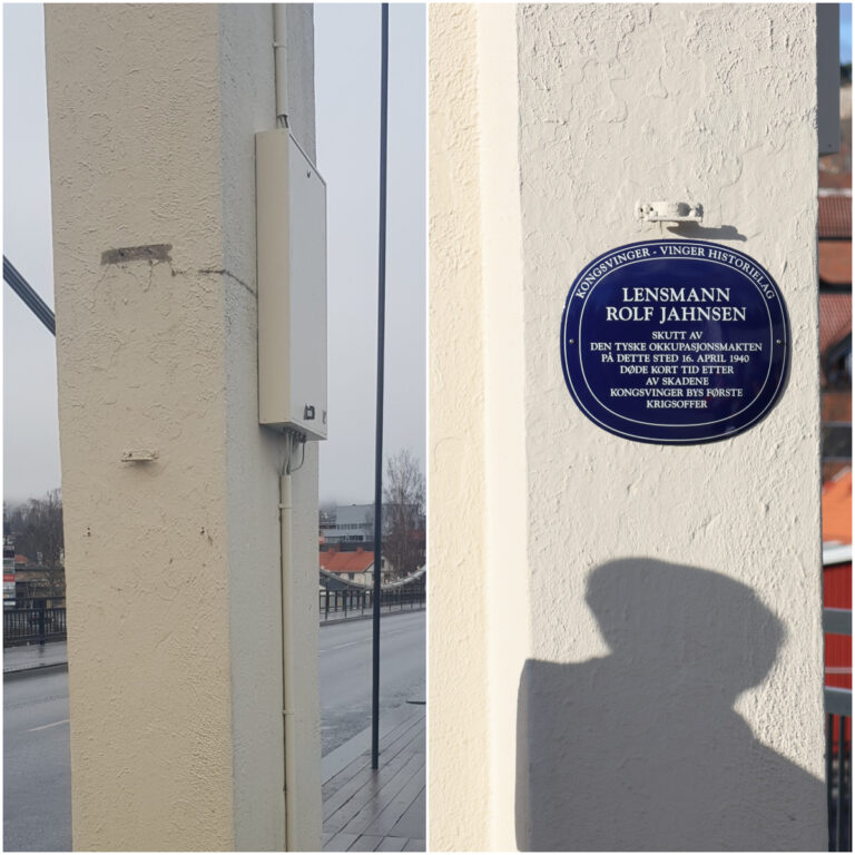 Søndag oppdaget medlemmer i Kongsvinger-Vinger historielag at det blå skiltet på Kongsvinger bru som hedrer lensmann Rolf Jahnsen er borte.