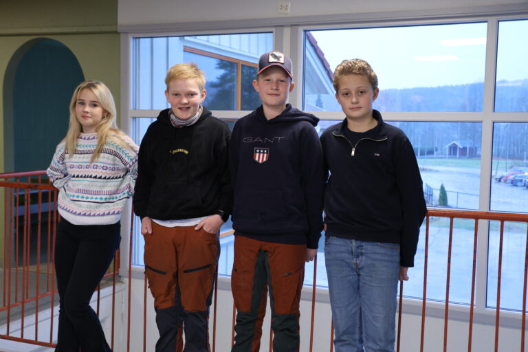 Julie Spørck, Noah Skoglund, Oliver Mathias Solheim, og Oskar Bolneset frykter lange reiseveier og tap av lokalsamfunn dersom skolen legges ned.