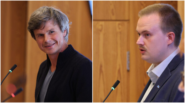 Høyre-representanten Oskar Aanmoen (til høyre) ville ha en stor debatt om lysbruk på gamlebrua. Det var ikke partikollega veldig Halvor Egeberg interessert i