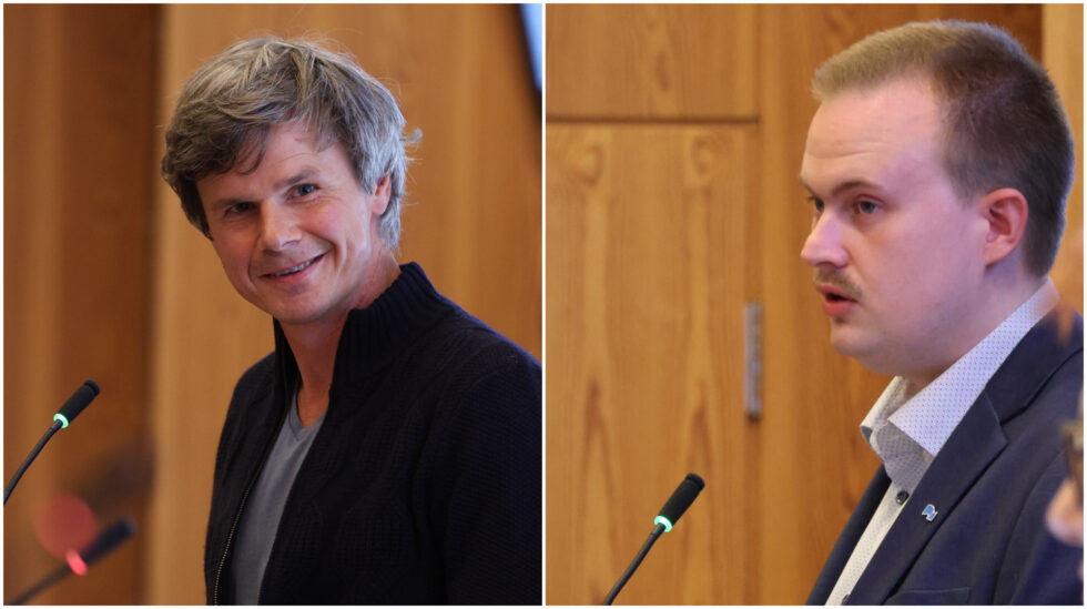 Høyre-representanten Oskar Aanmoen (til høyre) ville ha en stor debatt om lysbruk på gamlebrua. Det var ikke partikollega veldig Halvor Egeberg interessert i