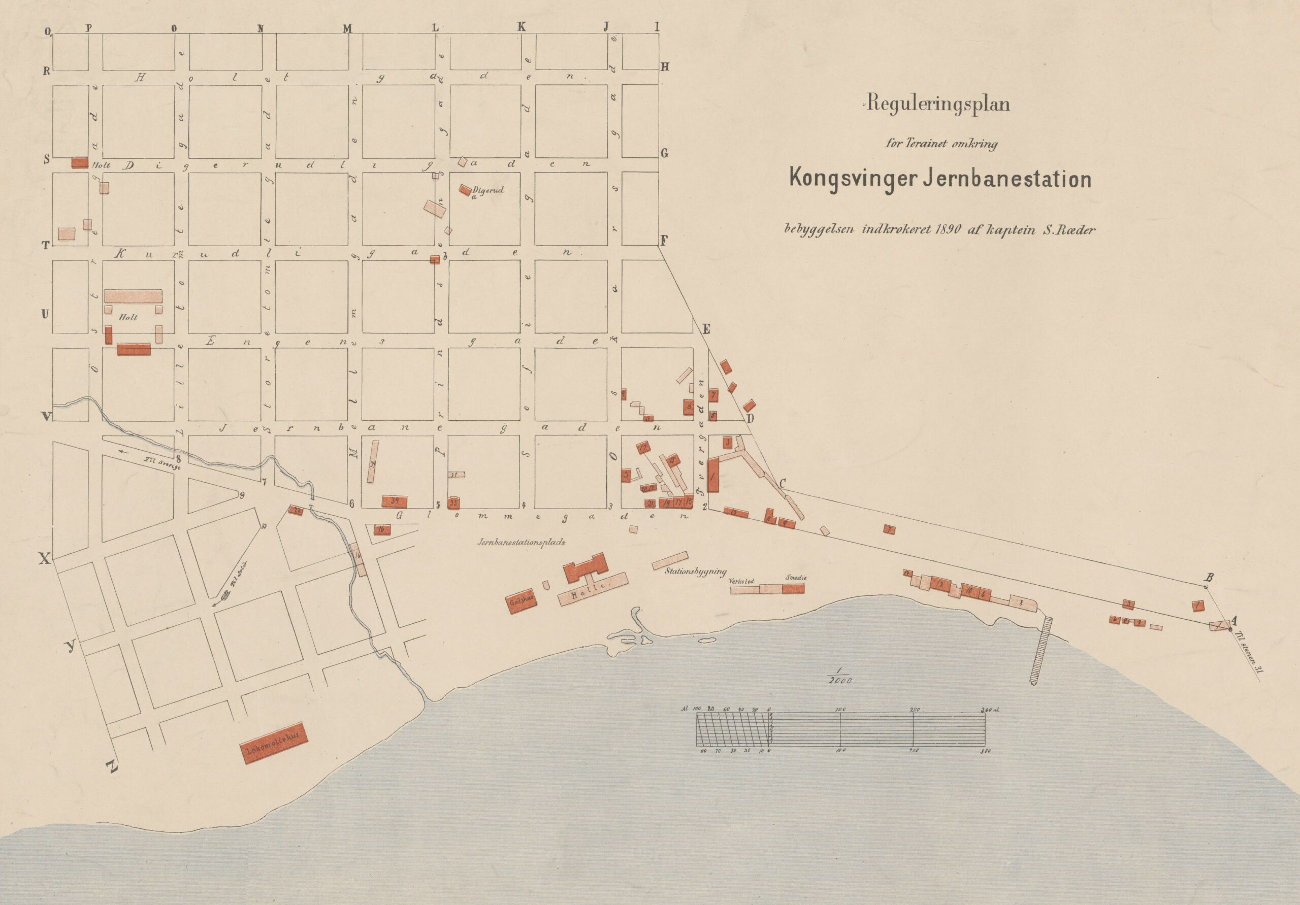 Kartet under viser Reguleringsplan for stasjonssiden i 1890. Stasjonsbygningen og lokomotivstallen er tegnet inn. Ellers er det få hus. Gårdene Holt og Digerud er også markert. Kartet er tegnet av S. Ræder.