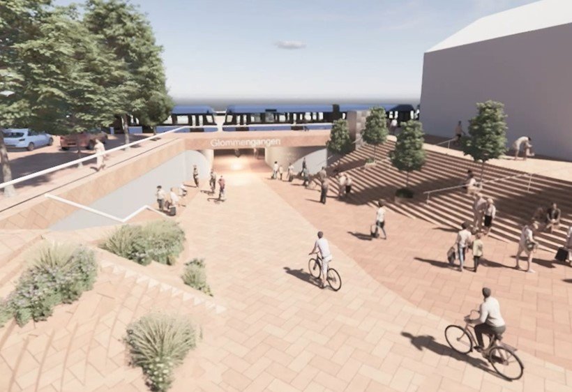 Tegningene fra 2022 viser hvordan gangen under jernbanen kan bli seende ut.
