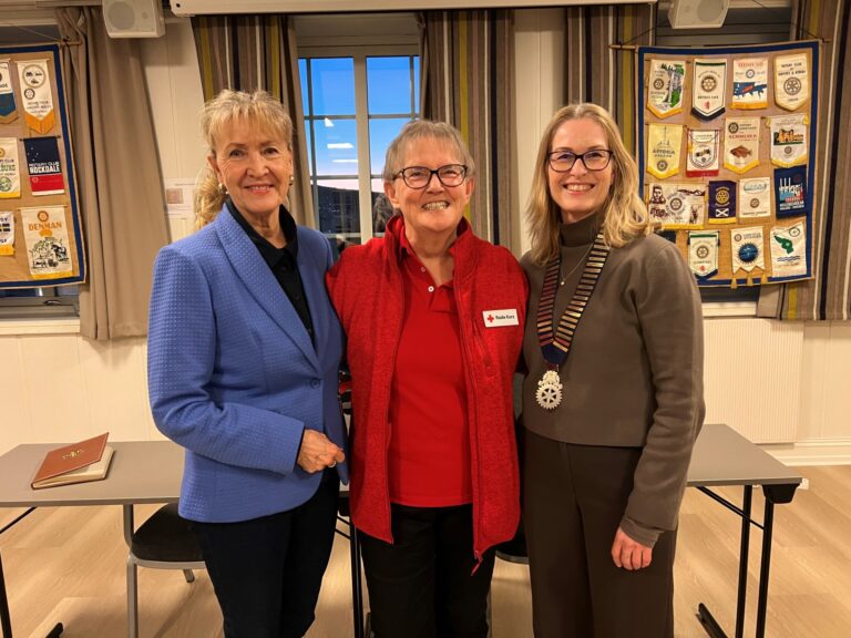 Fra venstre: Kongsvinger Inner Wheel-president Sissel Anderssen, leder i Røde Kors Kongsvinger Åse Kaurin og Vinger Rotary-president Nina Bjørnstad.