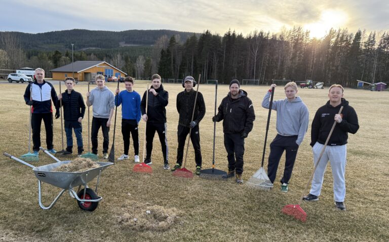 –Jeg skulle nok ha innkalt til trening i stedet for raking, angret trener og primus motor Arild Bjerke. De som møtte opp arbeidet dog ivrig. Fra venstre Arild Bjerke og Brandvals seniorspillere Tom Stian Tangen, Timian Melby Eriksen, Isak Tronbøl Årnes, Marius Aarstad Lillehagen, Tage Westlin Nilsen, Kim Lysen, Eirik Pallesen og Tobias Andersen.