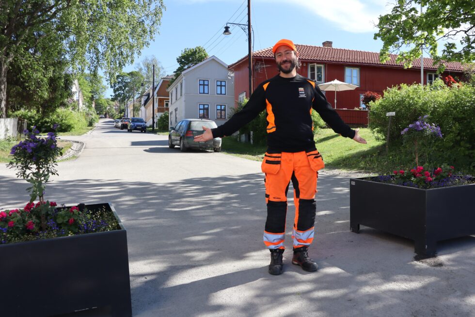Cristian Rodrigo Morales Alarcón er kommunegartner i Kongsvinger kommune. Nå gleder han seg over å ha gitt beboere i Øvrebyen noe de har ønsket seg lenge. Blomstene han har plantet i disse kassene er Lobelia (lilla blomster), Muehlenbeckia (grønne blader), Pelargonia (fuksia blomster), og Solanum rantonnetii (ser ut som et lite tre).
