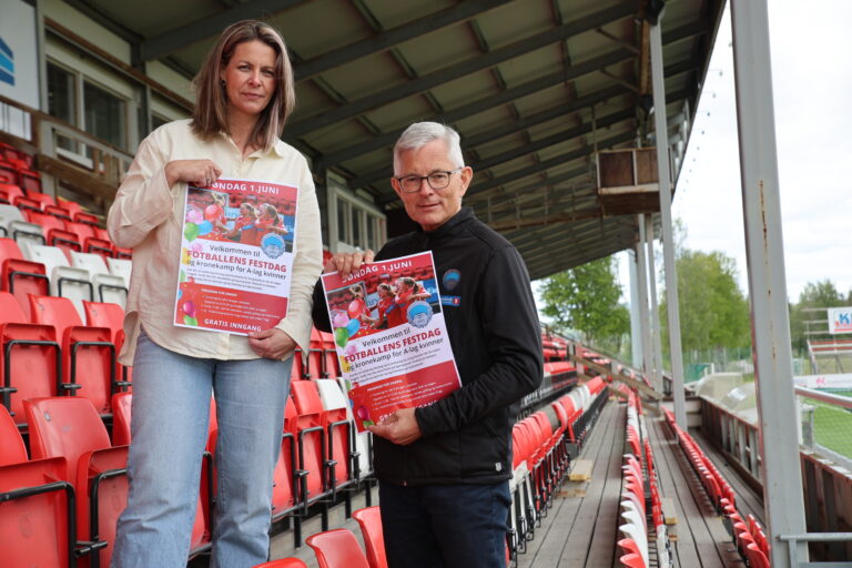 Styremedlem Maren Haug Andersen, og daglig leder i KIL Fotball Morten Aasvangen, håper på å se mange på tribunen søndag 1. juni