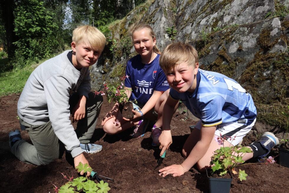 Karsten Kvittum Konterud (t.v.), Ingrid Holth Løvberg og Mathias Myrli var i full sving med å pynte i Byparken på mandag.