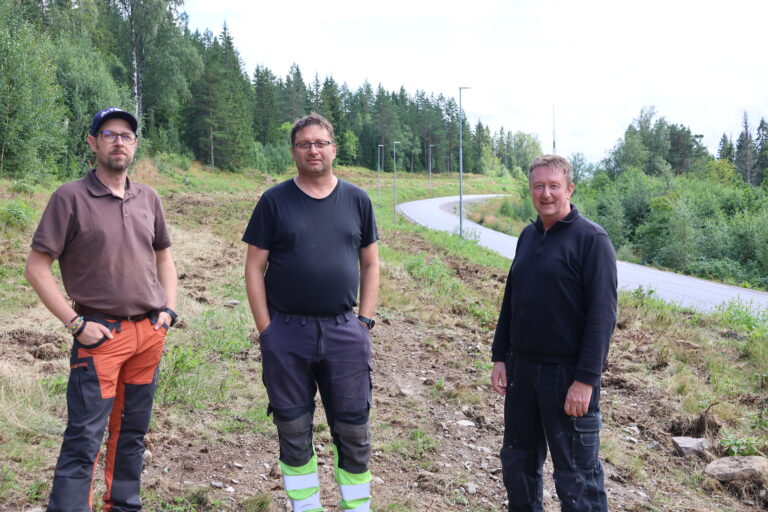 KNA Kongsvinger har lagt ned mange dugnadstimer langs Vardåsvegen før søndagens bakkeløp. Nå er det fint for publikum å stå i skråningen her, sier Lars Gunnar Snare, Sten Åke Dahlman og Ole Jonny Branes.