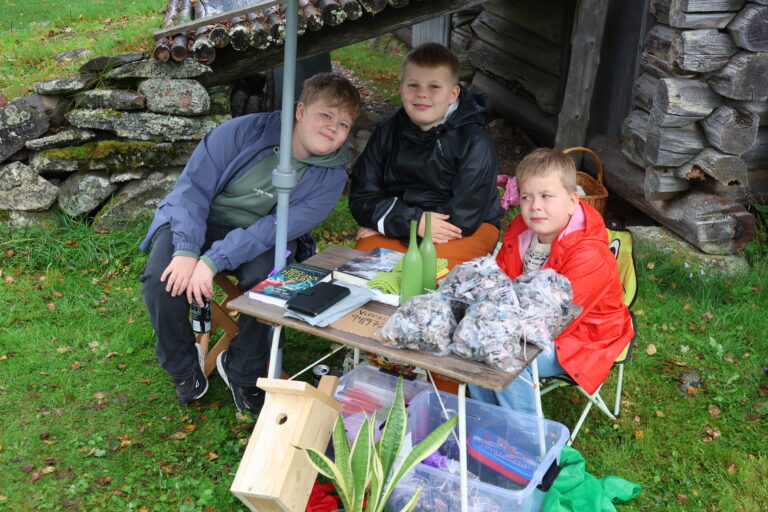 Lucas Kristiansen, Marcus Larsen og Isak Larsen hadde snekret fuglekasser og lagd tennbriketter som de solgte på tundagen. I tillegg hadde de også litt andre varer med seg for salg.