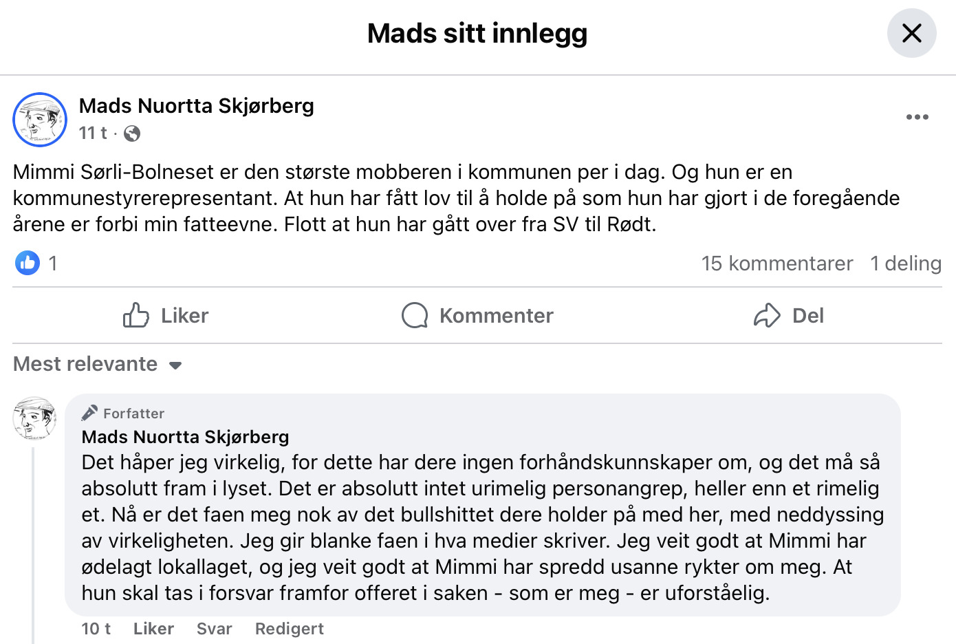 Skjermdump av Facebook-innlegget.
