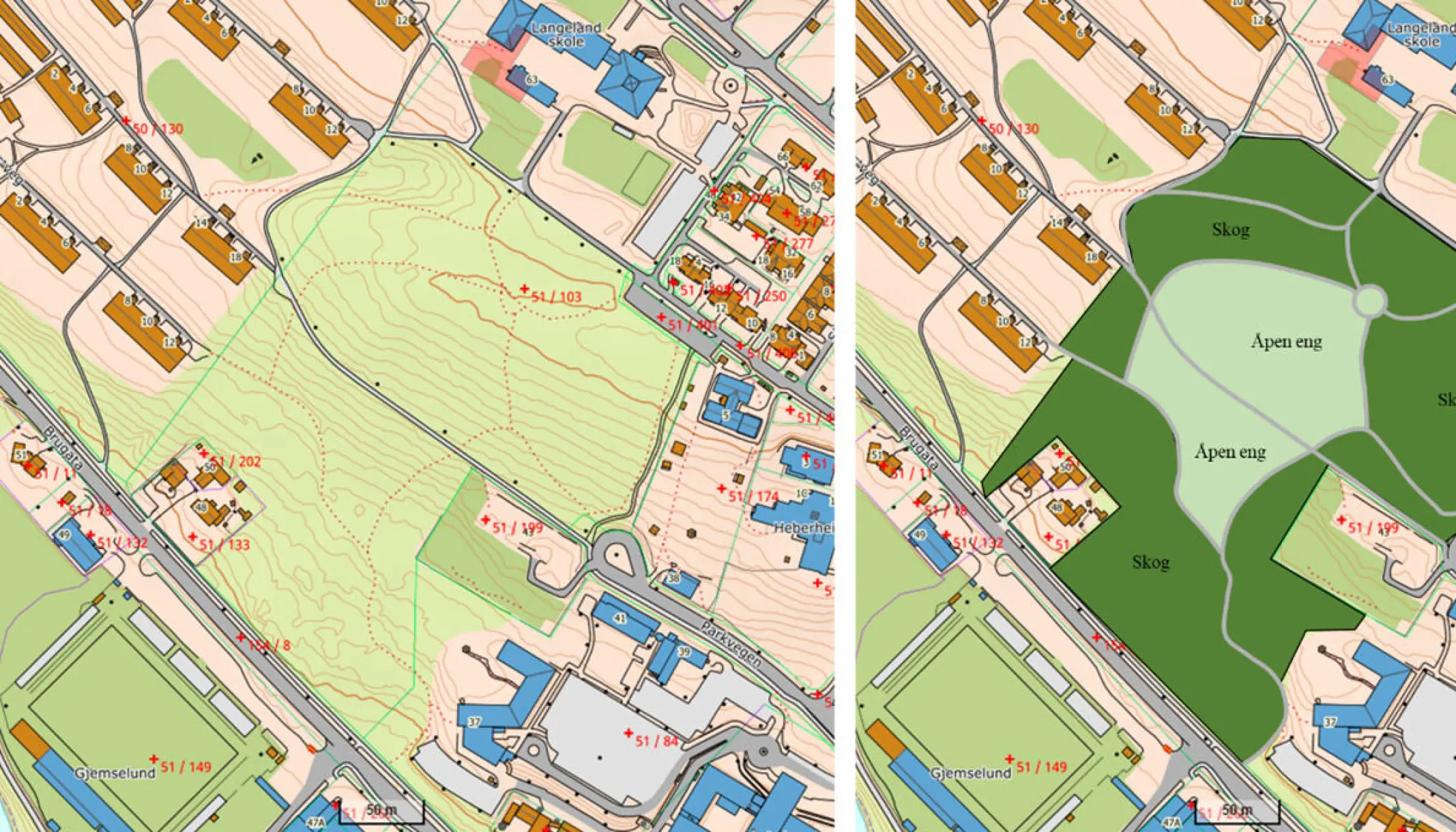 Før og etter? Til venstre: Slik skogen ser ut i dag. Til høyre: Forslag til hvordan en park i Sykehusskogen kan se ut. Sykehusskogen er omtrent 57 mål stor. Ved å bruke eksisterende stier som nye gangveier åpner det seg to naturlige felt til å bruke som eng, som vil utgjøre cirka 15 mål.