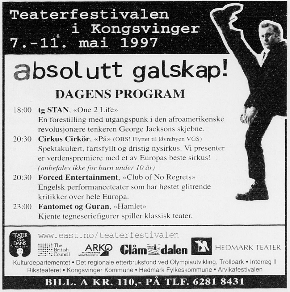 Annonse fra Teaterfestivalen i 1997. Dette året ble begrepet «Absolutt galskap» introdusert.