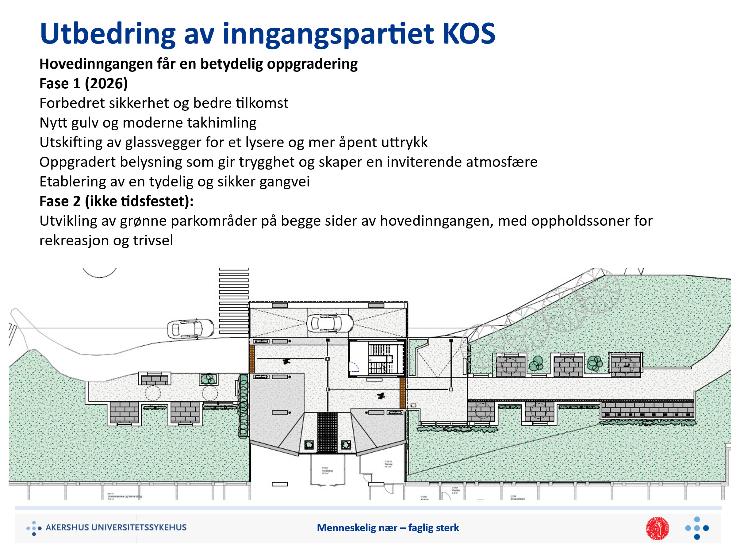 Detter er en illustrasjon av oppgraderingen som Ahus skal sette i gang med. Første fase starter neste år, mens fase to er foreløpig usikkert når blir gjennomført.