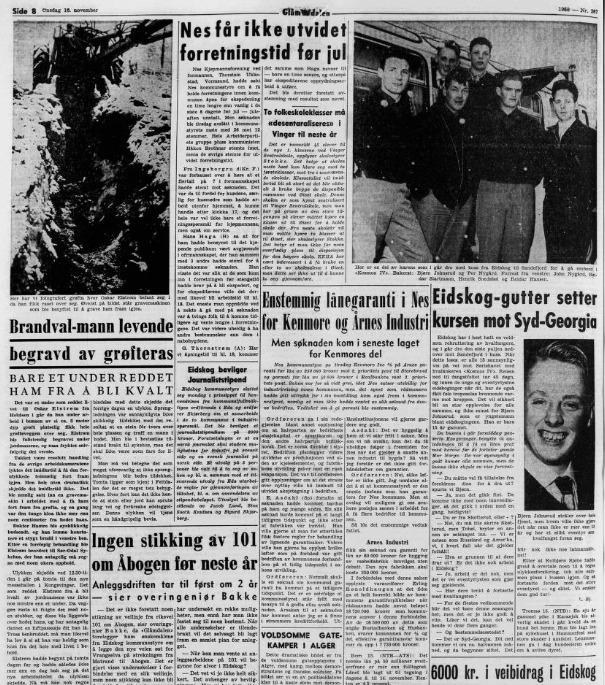 16.november 1960 kunne Glåmdalen fortelle at flere gutter fra Eidskog skulle på hvalfangst. På et av bildene kan man se en smilende 15 år gammel Bjørn Johnsrud.