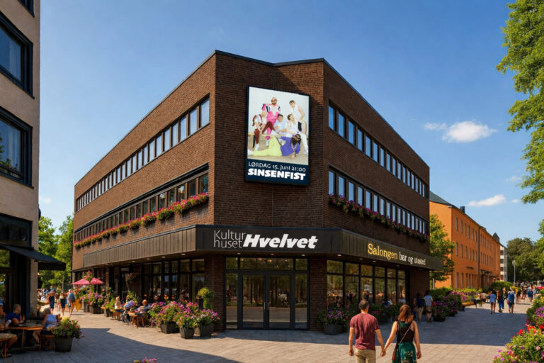 KI-generert skisse av Kulturhuset Hvelvet i de tidligere DNB-lokalene i Fjellgata 2. Forprosjektet tar utgangspunkt i lokalene over det gamle bankhvelvet, men det er foreløpig ikke inngått leiekontrakt.