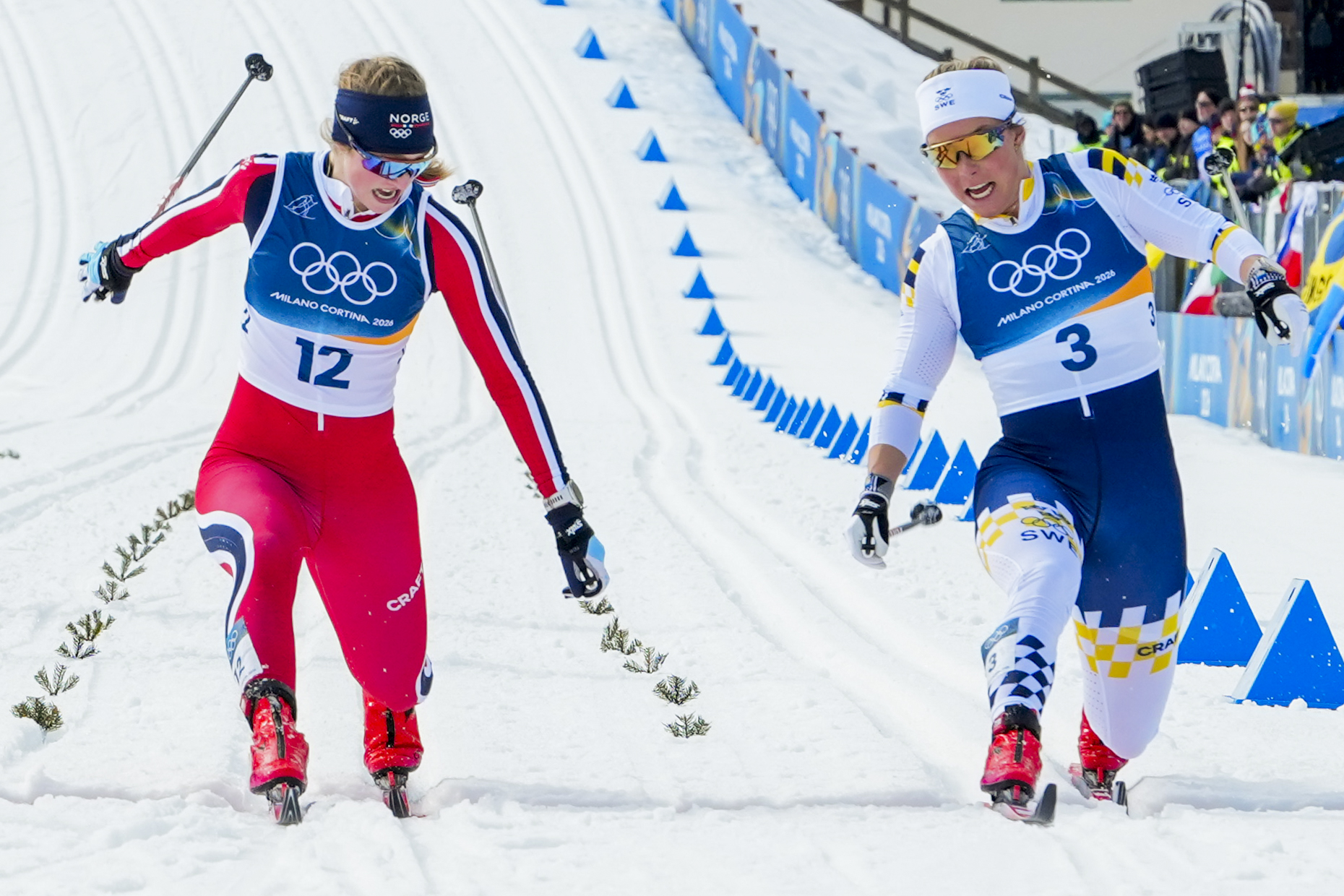 Edvard innrømmer at pulsen var høy da det ble photo finish i duellen mot svenske Johanna Hagström. Heldigvis hadde Milla den lengste foten.