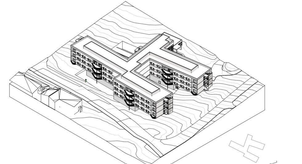 Slik er formen planlagt for det første byggetrinnet til det nye sykehjemmet tenkt.