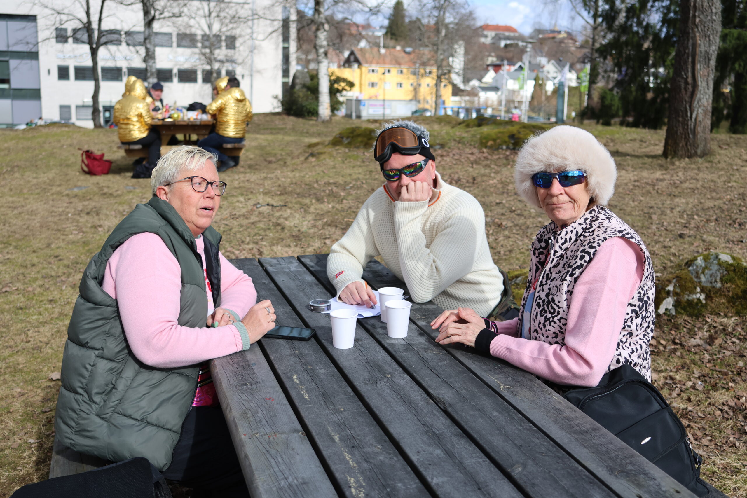 Wenche Aspmodal, Arne Inge Aspmodal og Randi Damlien hadde slått seg ned i byparken for å løse noen av oppgavene på rebusen.