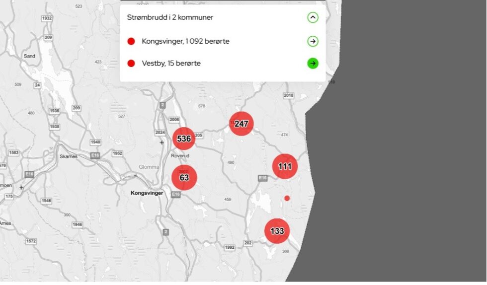 Over 1000 abonnenter var i en periode uten strøm i Kongsvinger fredag kveld i følge Elvia.
